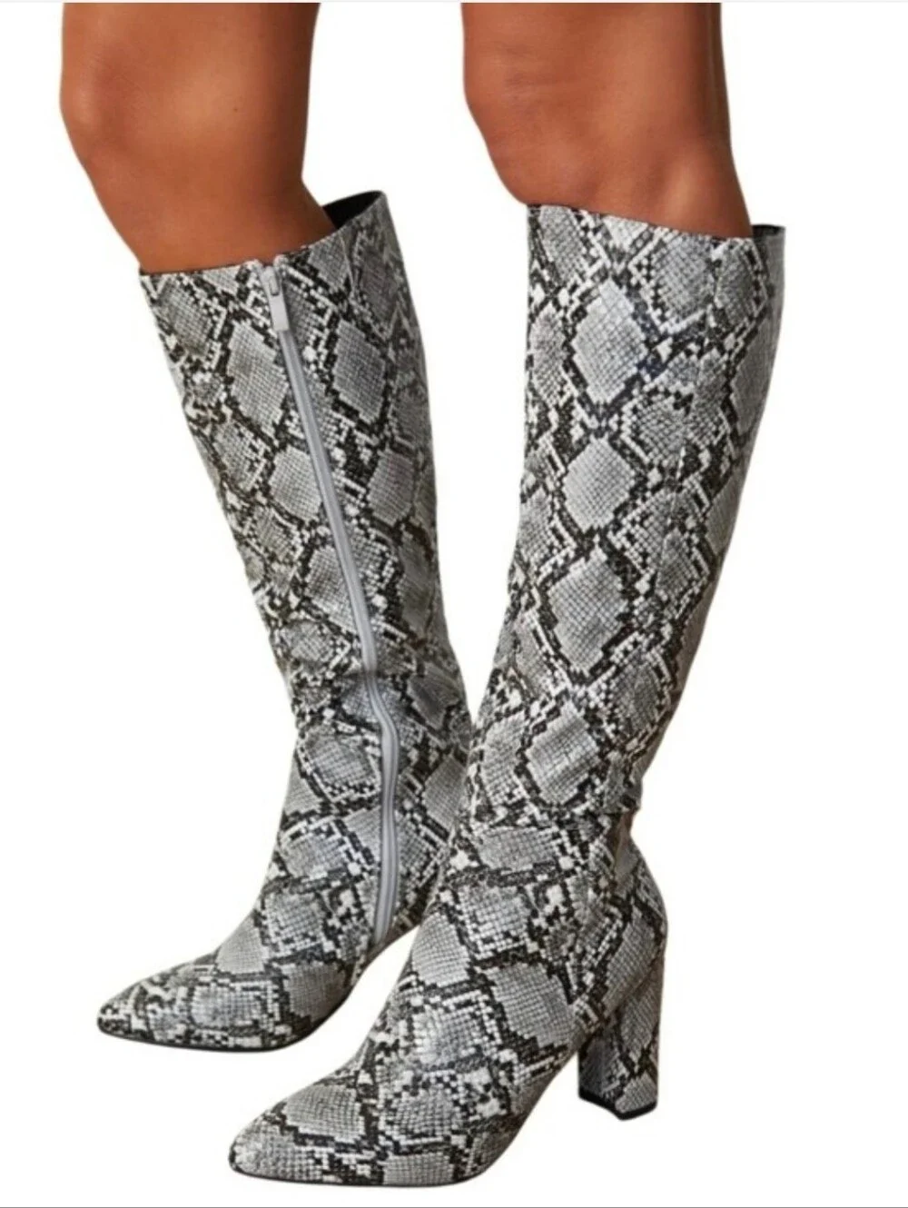 a new day Snake-Print Over-the-Knee Block Heel Boots - White, Gray